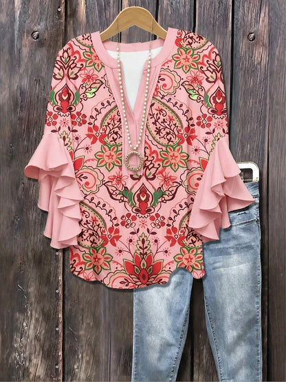Plus Size Women's Print Ruffle Sleeve V-Neck Shirt Blouse, Random Print Vacation