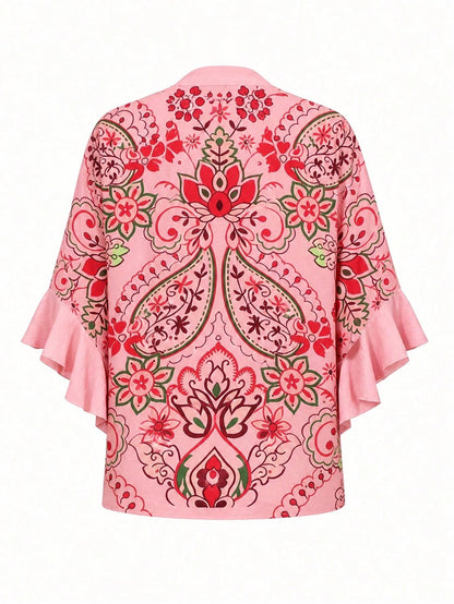 Plus Size Women's Print Ruffle Sleeve V-Neck Shirt Blouse, Random Print Vacation