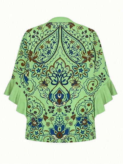 Plus Size Women's Print Ruffle Sleeve V-Neck Shirt Blouse, Random Print Vacation