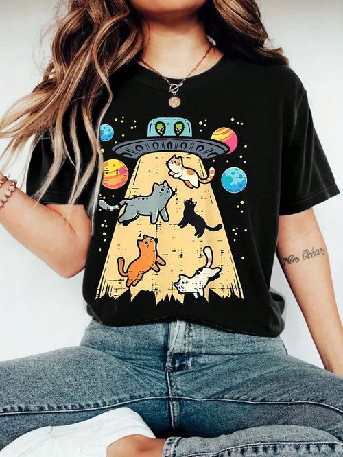 Plus Size Women's Regular Short Sleeve Round Neck High Stretch T-Shirt With Space Cat And UFO Print Casual Black Summer