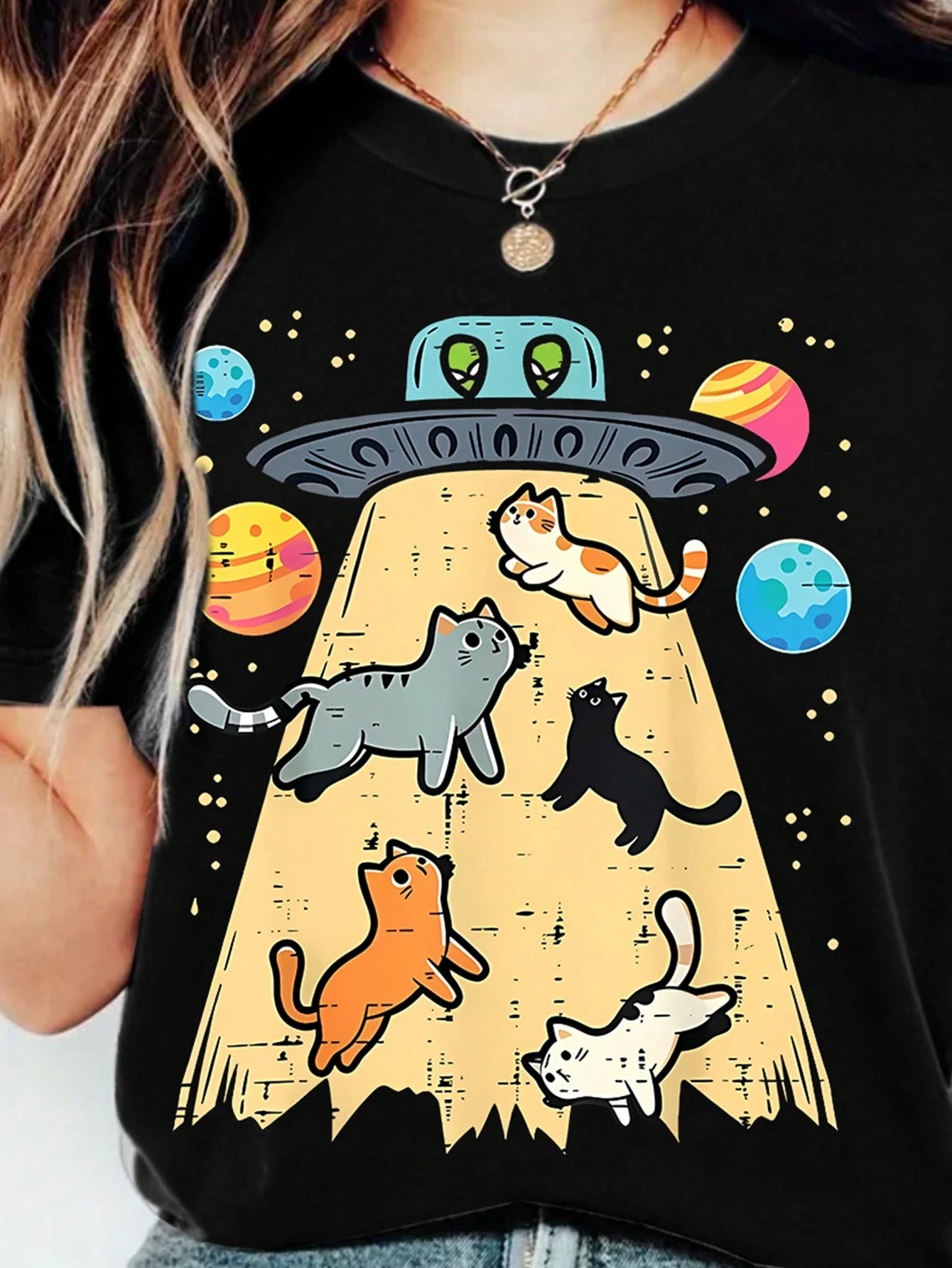Plus Size Women's Regular Short Sleeve Round Neck High Stretch T-Shirt With Space Cat And UFO Print Casual Black Summer