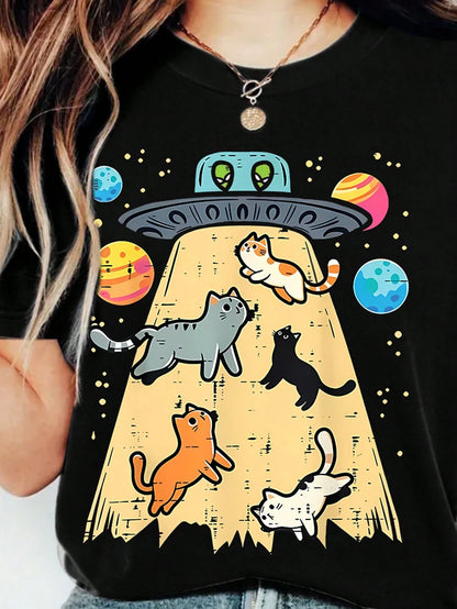 Plus Size Women's Regular Short Sleeve Round Neck High Stretch T-Shirt With Space Cat And UFO Print Casual Black Summer