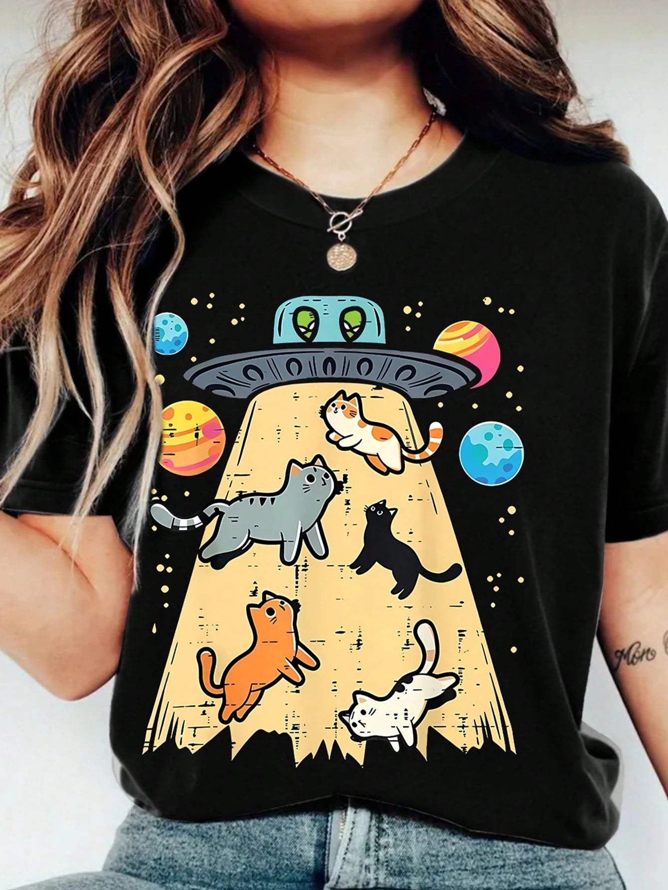 Plus Size Women's Regular Short Sleeve Round Neck High Stretch T-Shirt With Space Cat And UFO Print Casual Black Summer