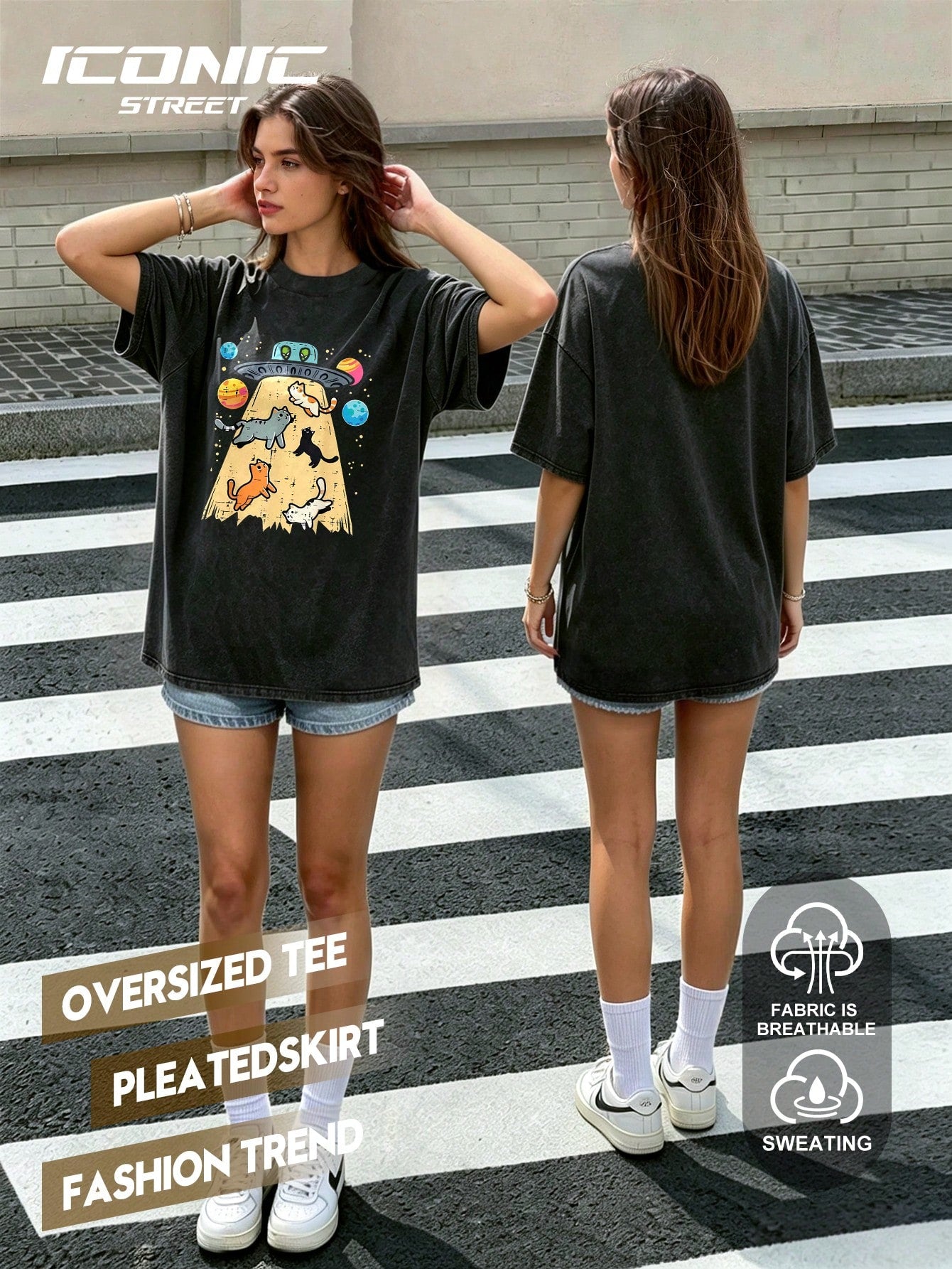 Plus Size Women's Regular Short Sleeve Round Neck High Stretch T-Shirt With Space Cat And UFO Print Casual Black Summer