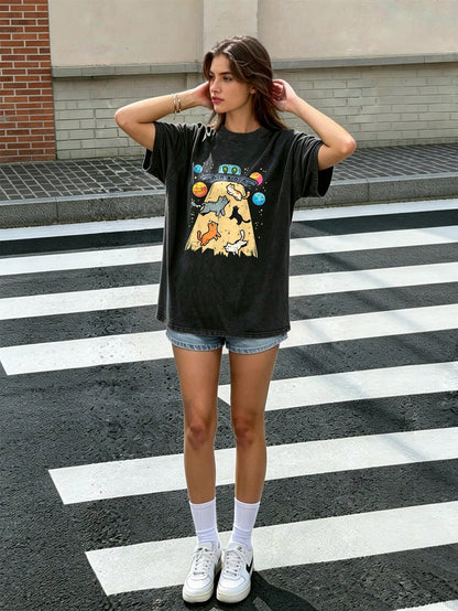 Plus Size Women's Regular Short Sleeve Round Neck High Stretch T-Shirt With Space Cat And UFO Print Casual Black Summer