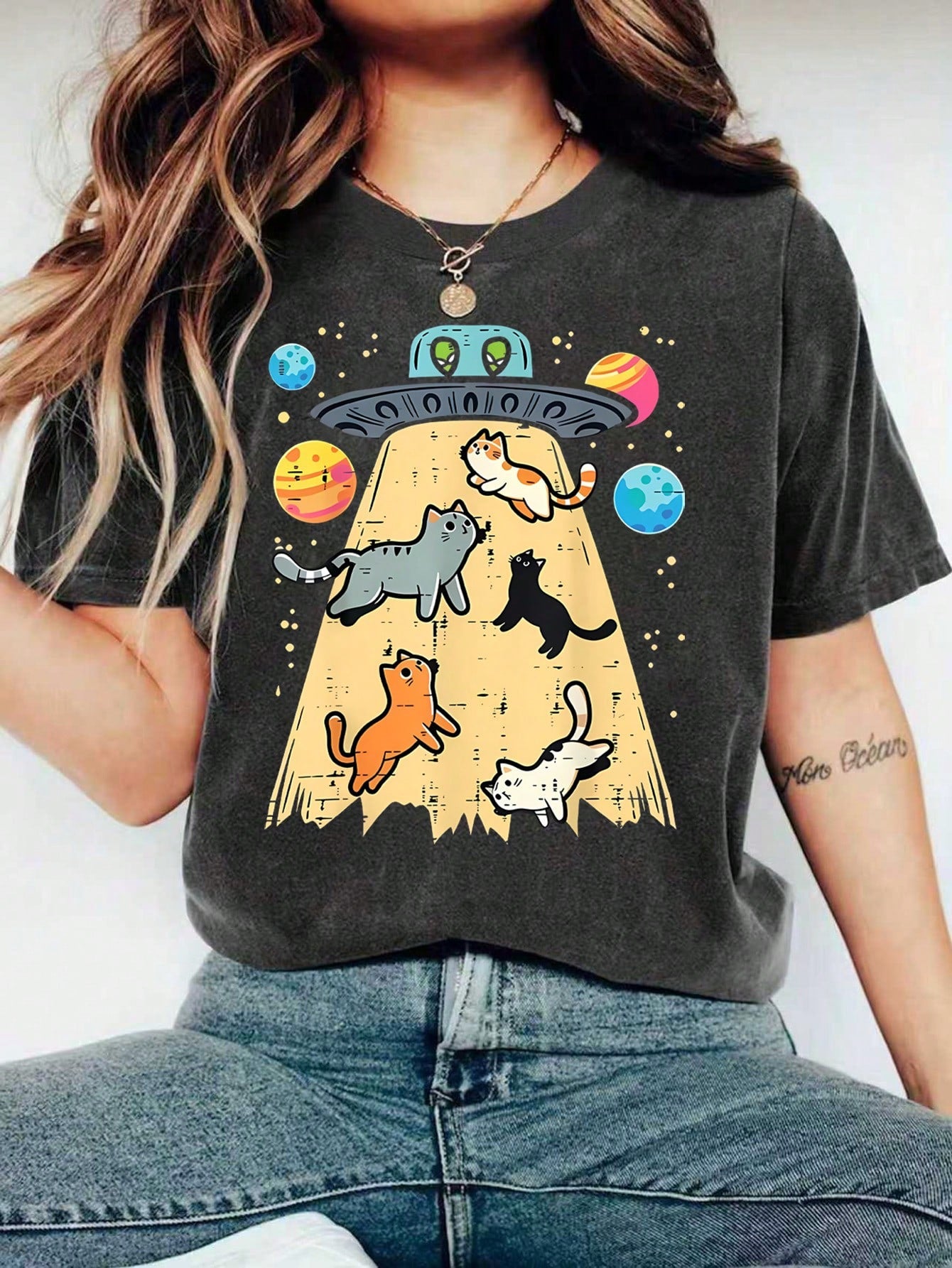 Plus Size Women's Regular Short Sleeve Round Neck High Stretch T-Shirt With Space Cat And UFO Print Casual Black Summer