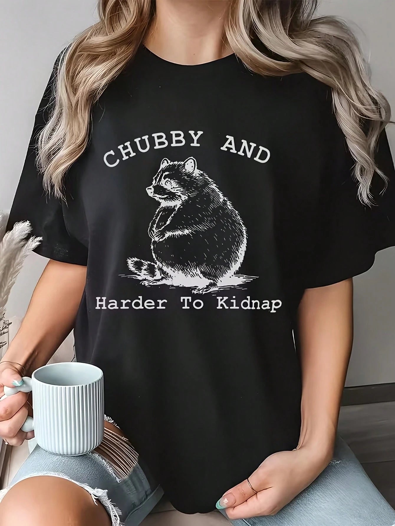 Plus Size Women's Regular Sleeve T-Shirt, Humorous Raccoon Print Tee, Casual Party Knitted Round Neck Short Sleeve Top With Slight Stretch
