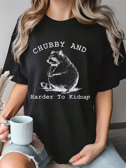Plus Size Women's Regular Sleeve T-Shirt, Humorous Raccoon Print Tee, Casual Party Knitted Round Neck Short Sleeve Top With Slight Stretch