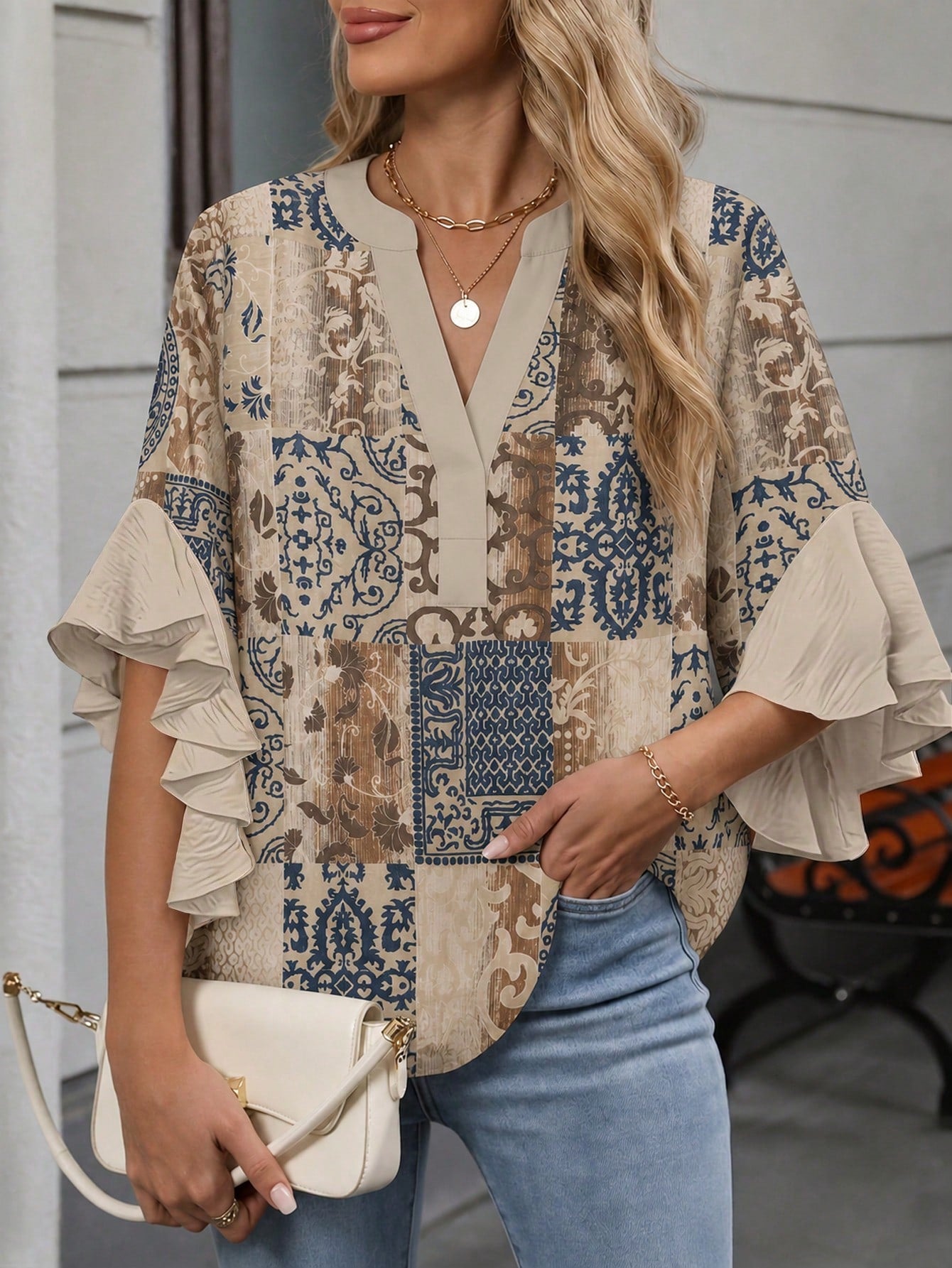 Plus Size Women's Retro Random Print Ruffle Sleeve V-Neck Shirt Blouse Vacation