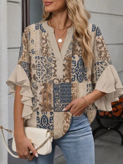 Plus Size Women's Retro Random Print Ruffle Sleeve V-Neck Shirt Blouse Vacation