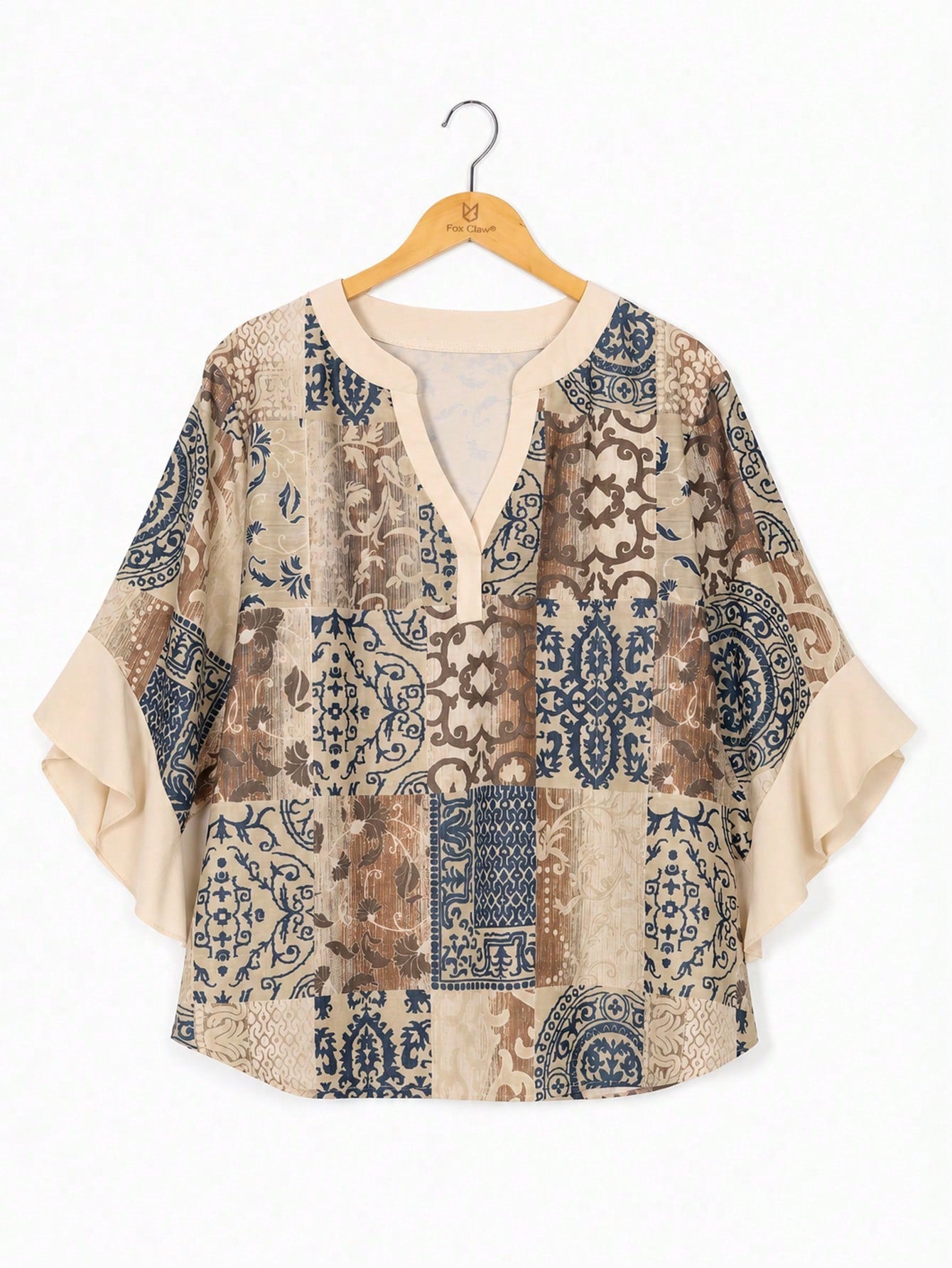 Plus Size Women's Retro Random Print Ruffle Sleeve V-Neck Shirt Blouse Vacation