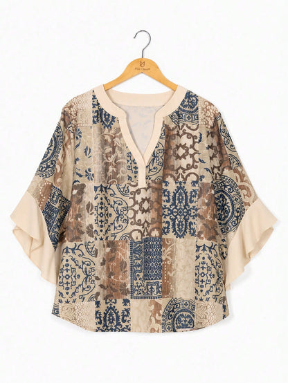 Plus Size Women's Retro Random Print Ruffle Sleeve V-Neck Shirt Blouse Vacation