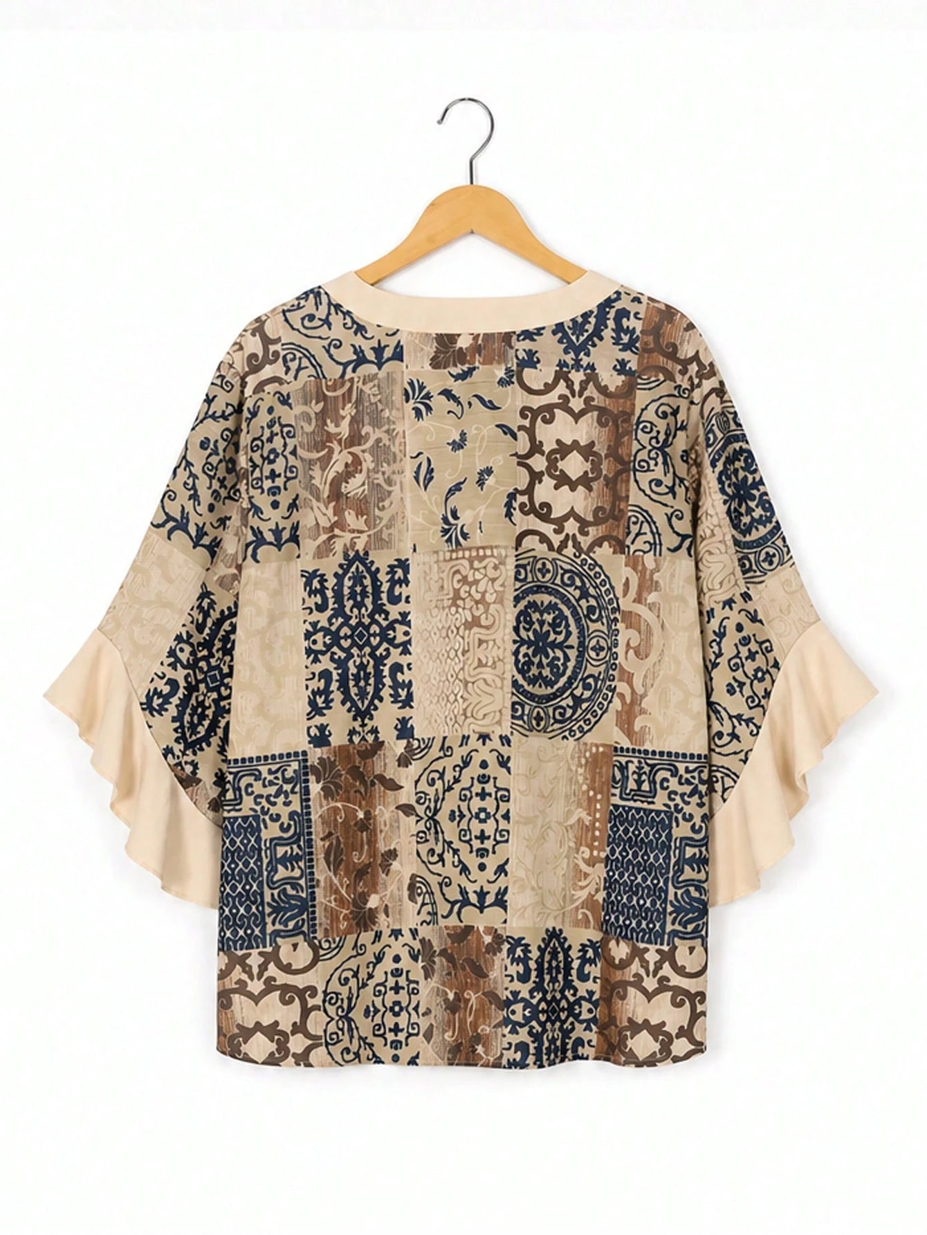 Plus Size Women's Retro Random Print Ruffle Sleeve V-Neck Shirt Blouse Vacation