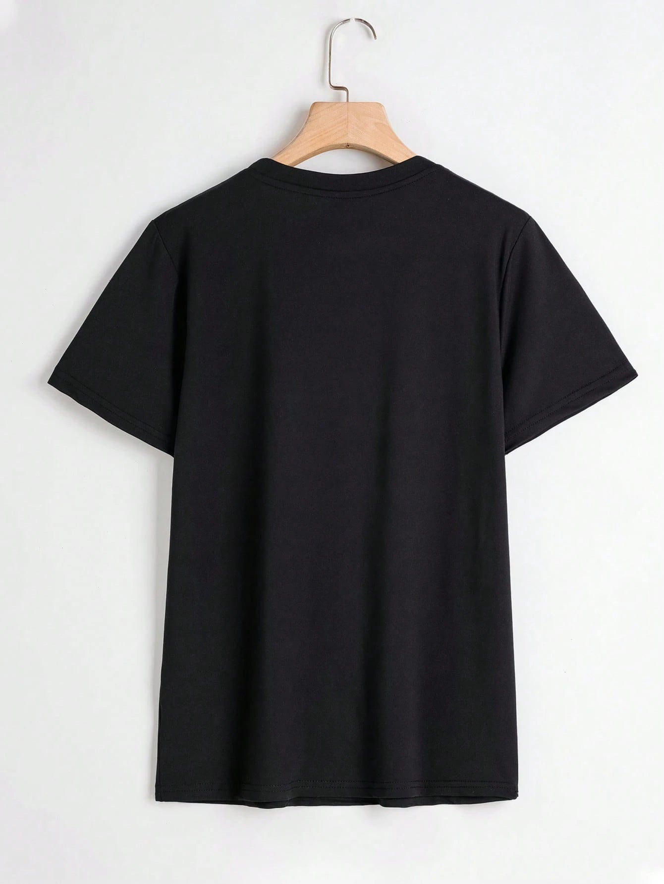 Plus Size Women's Simple Solid Color Round Neck Short Sleeve T-Shirt, Whisper Print, Casual Wear For Spring/Summer Black