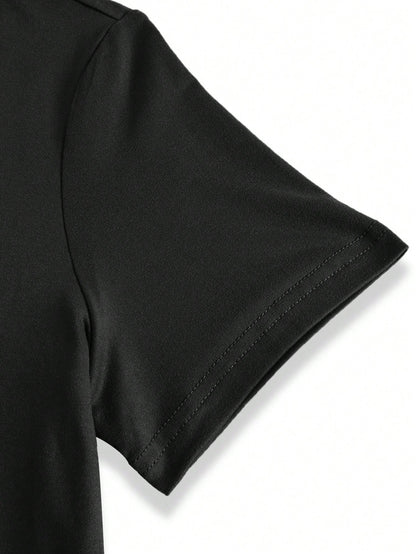 Plus Size Women's Simple Solid Color Round Neck Short Sleeve T-Shirt, Whisper Print, Casual Wear For Spring/Summer Black