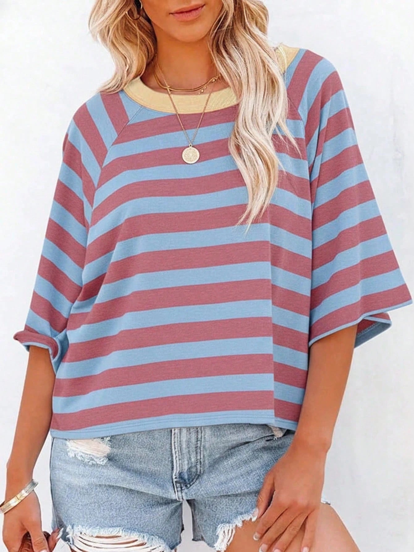 Plus Size Women's Simple Striped Round Neck Short Sleeve Loose T-Shirt, Suitable For Summer Wear, Plus Size T-Shirt, Tunic