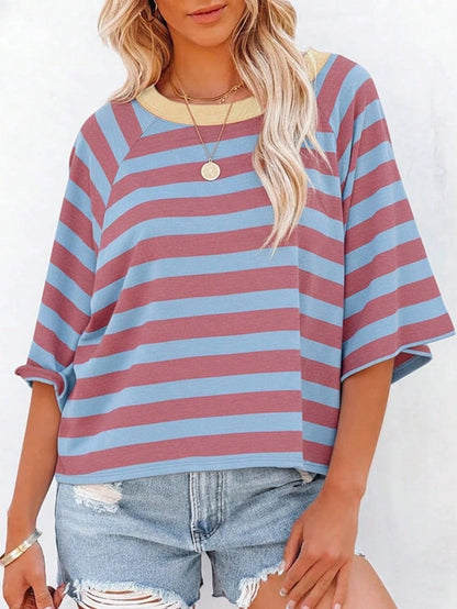 Plus Size Women's Simple Striped Round Neck Short Sleeve Loose T-Shirt, Suitable For Summer Wear, Plus Size T-Shirt, Tunic
