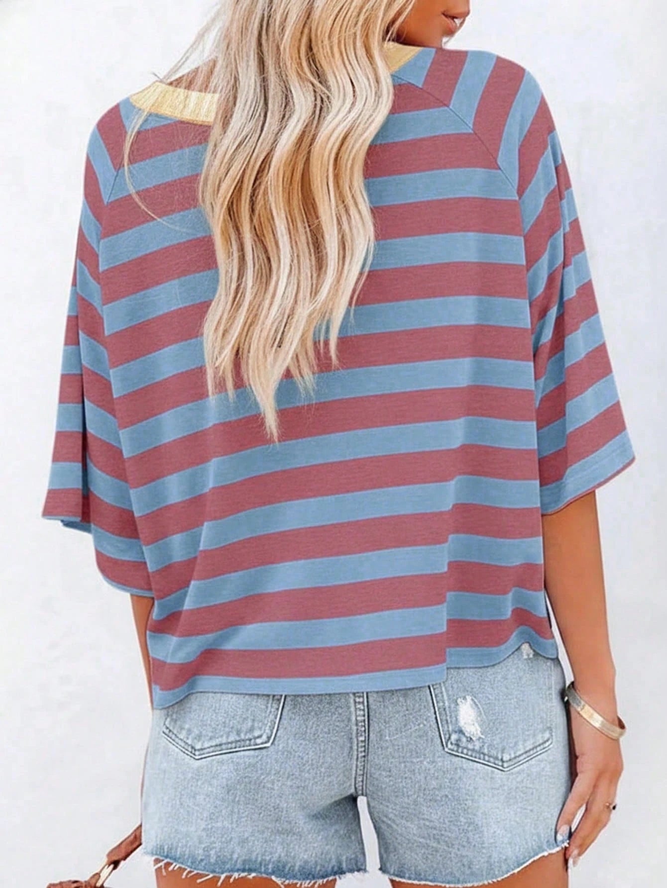 Plus Size Women's Simple Striped Round Neck Short Sleeve Loose T-Shirt, Suitable For Summer Wear, Plus Size T-Shirt, Tunic