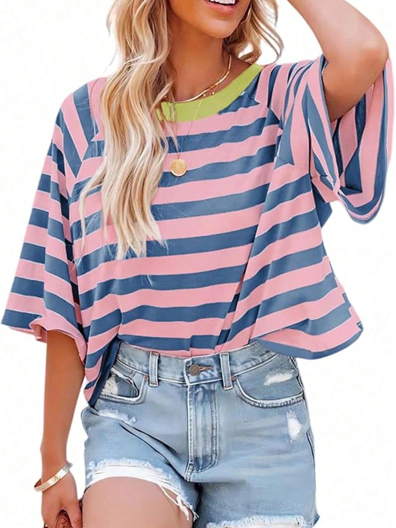 Plus Size Women's Simple Striped Round Neck Short Sleeve Loose T-Shirt, Suitable For Summer Wear, Plus Size T-Shirt, Tunic