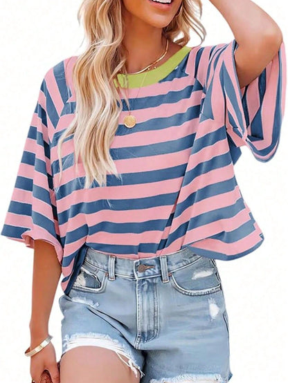 Plus Size Women's Simple Striped Round Neck Short Sleeve Loose T-Shirt, Suitable For Summer Wear, Plus Size T-Shirt, Tunic