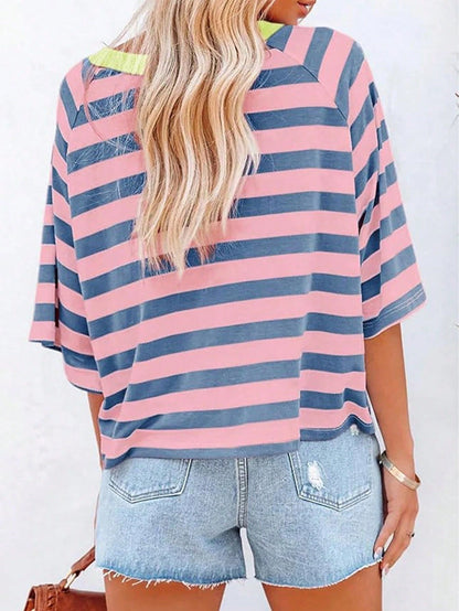 Plus Size Women's Simple Striped Round Neck Short Sleeve Loose T-Shirt, Suitable For Summer Wear, Plus Size T-Shirt, Tunic