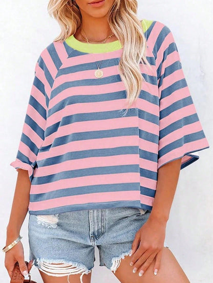 Plus Size Women's Simple Striped Round Neck Short Sleeve Loose T-Shirt, Suitable For Summer Wear, Plus Size T-Shirt, Tunic