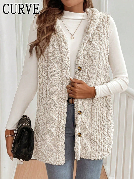Plus Size Women's Solid Color Hooded Sleeveless Vest Jacket, Suitable For Autumn/Winter