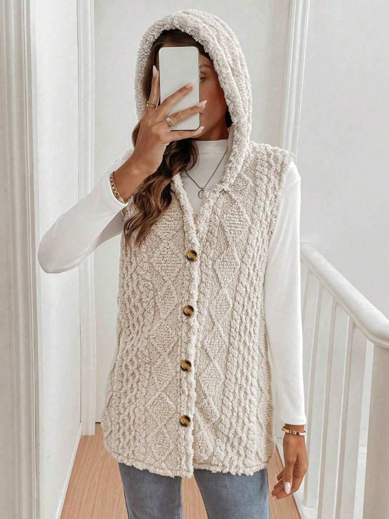 Plus Size Women's Solid Color Hooded Sleeveless Vest Jacket, Suitable For Autumn/Winter