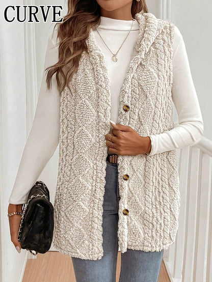 Plus Size Women's Solid Color Hooded Sleeveless Vest Jacket, Suitable For Autumn/Winter