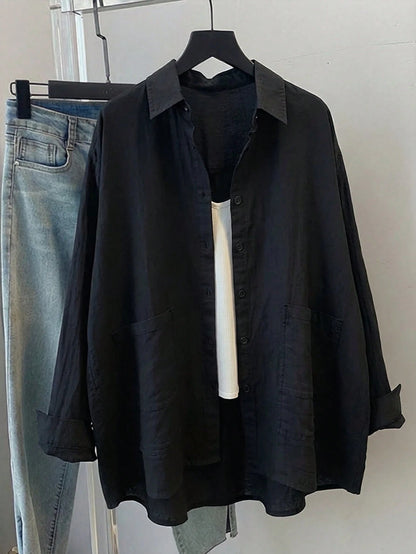 Plus Size Women's Solid Color Long Sleeve Casual Loose Blouse, Spring/Summer