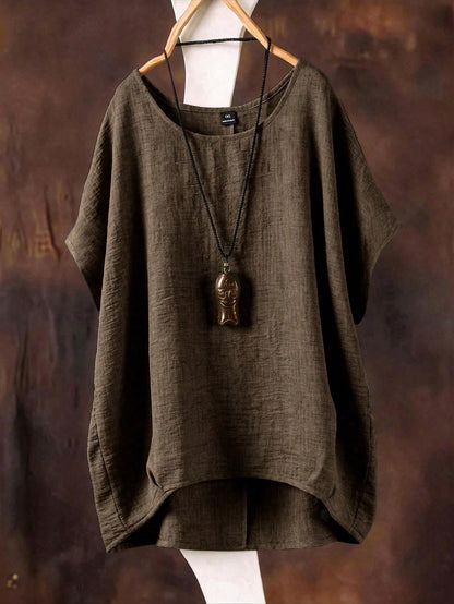Plus Size Women's Solid Color Round Neck Textured Casual Shirt