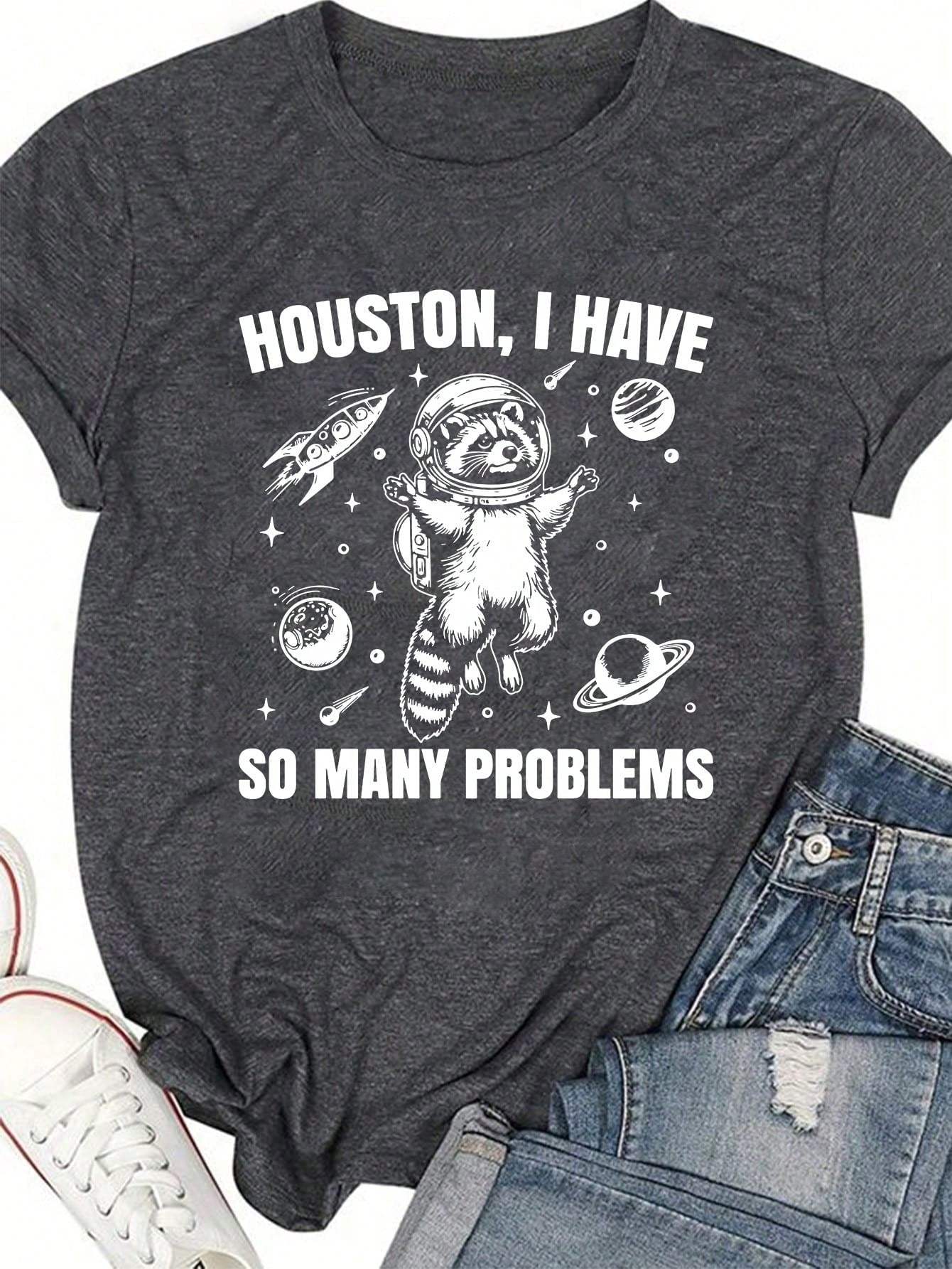 Plus Size Women's Space Slogan Astronaut Raccoon Graphic T-Shirt Graphic Tees Women Tops
