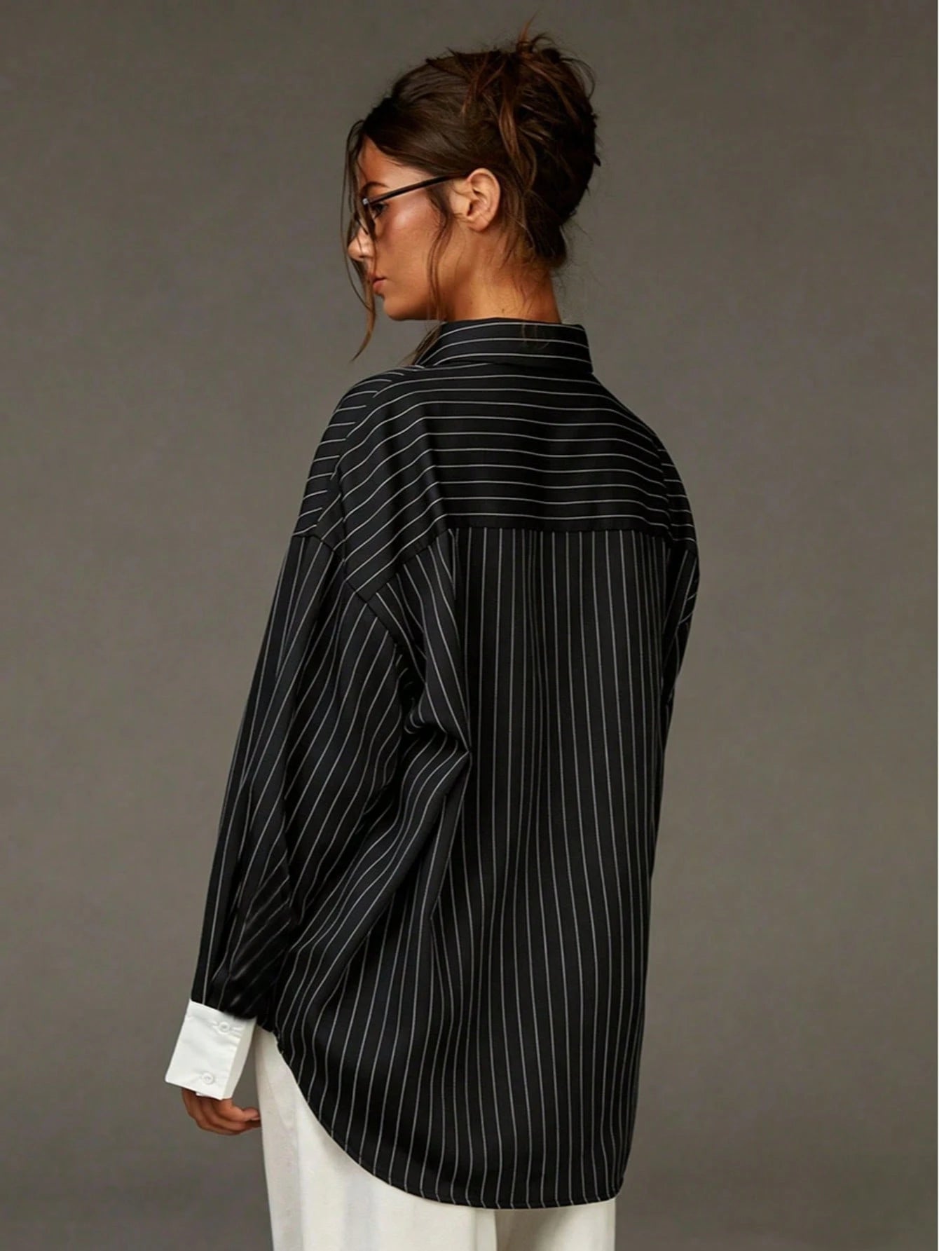 Plus Size Women's Striped Contrast Button Loose Casual Shirt, Suitable For Commuting, Office, Daily Wear In Spring And Summer Black