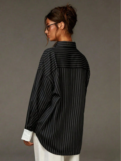 Plus Size Women's Striped Contrast Button Loose Casual Shirt, Suitable For Commuting, Office, Daily Wear In Spring And Summer Black