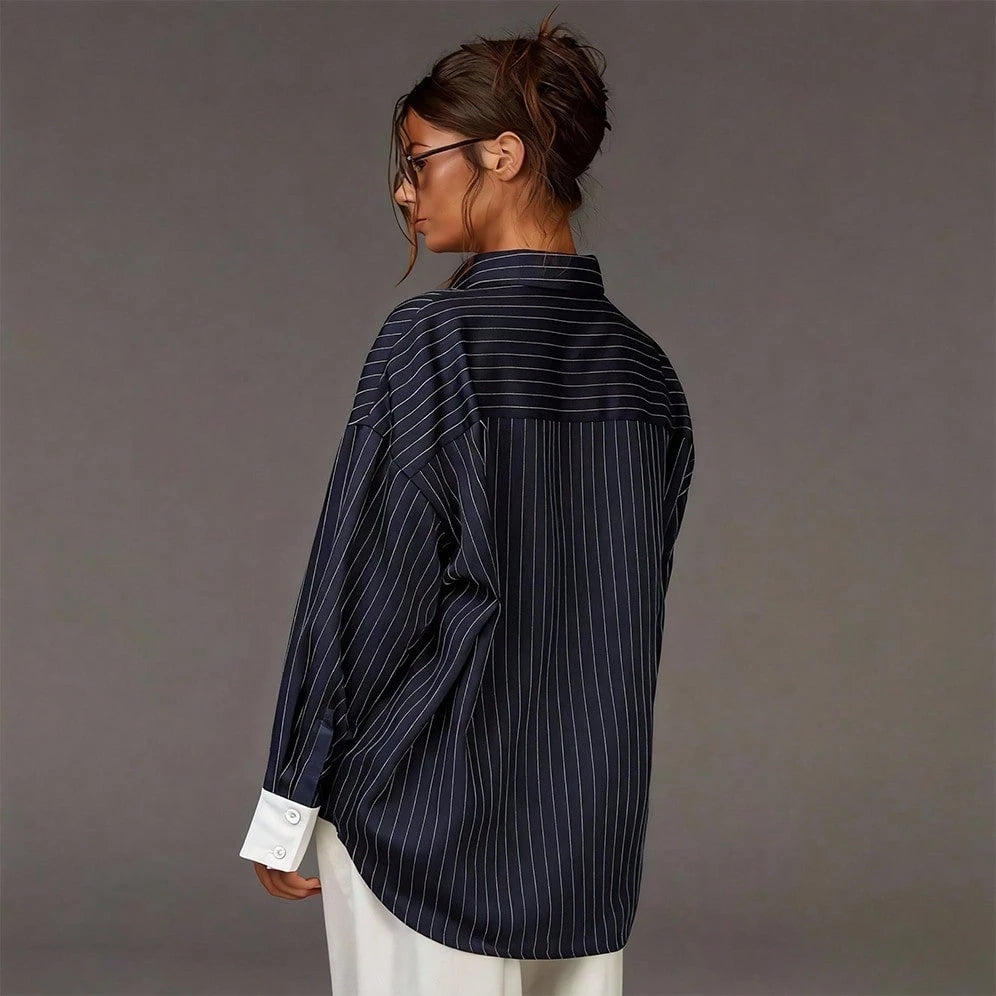 Plus Size Women's Striped Contrast Button Loose Casual Shirt, Suitable For Commuting, Office, Daily Wear In Spring And Summer Black
