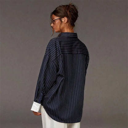 Plus Size Women's Striped Contrast Button Loose Casual Shirt, Suitable For Commuting, Office, Daily Wear In Spring And Summer Black