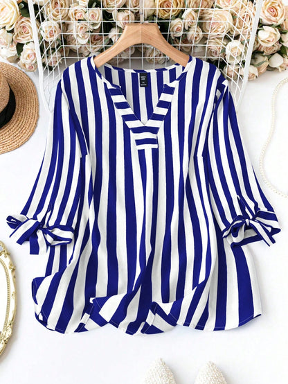 Plus Size Women's Striped Cuff Tie Front Shirt Fall
