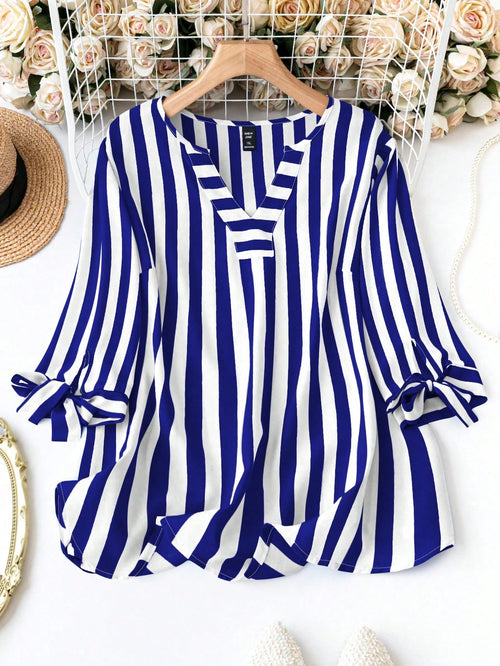 Plus Size Women's Striped Cuff Tie Front Shirt Fall