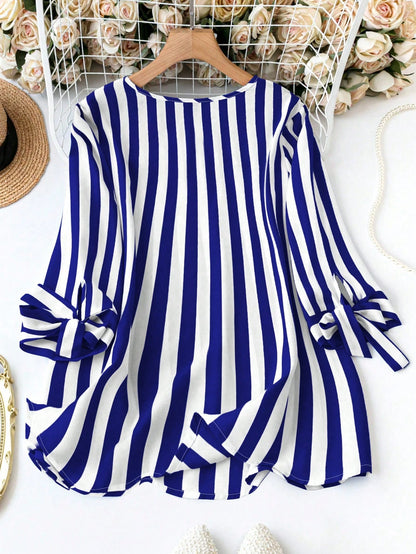 Plus Size Women's Striped Cuff Tie Front Shirt Fall