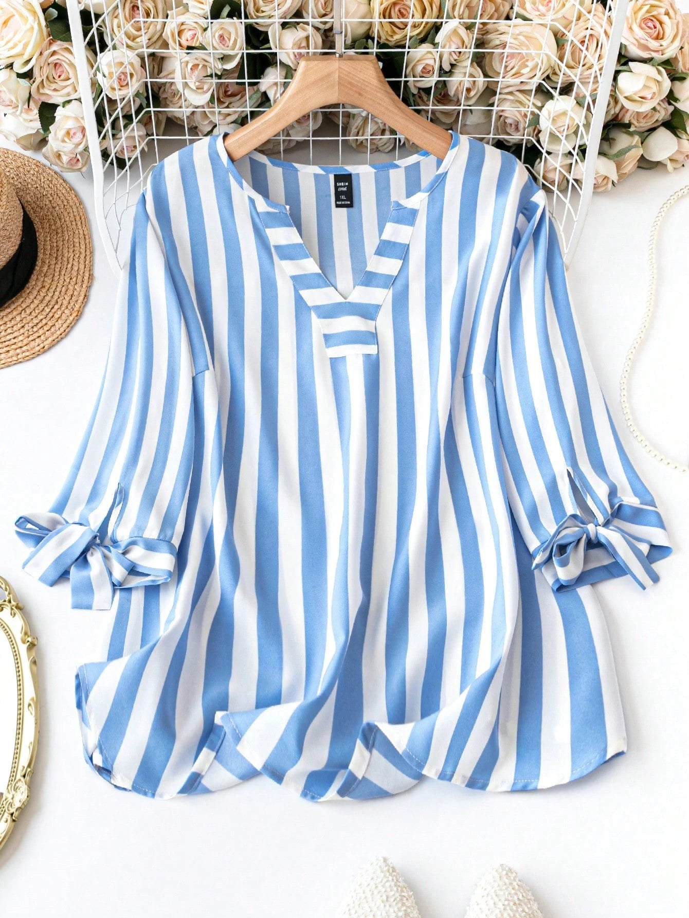 Plus Size Women's Striped Cuff Tie Front Shirt Fall