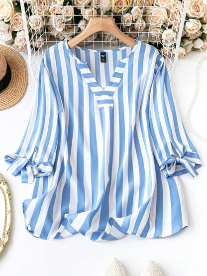 Plus Size Women's Striped Cuff Tie Front Shirt Fall