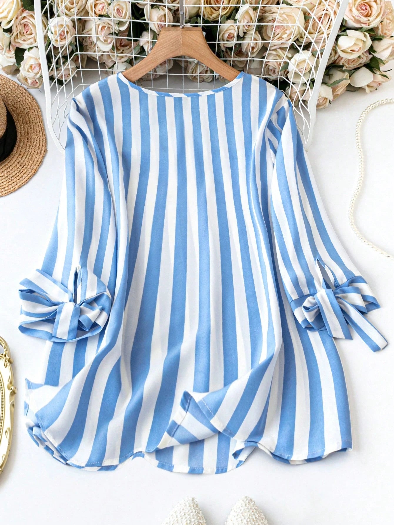 Plus Size Women's Striped Cuff Tie Front Shirt Fall