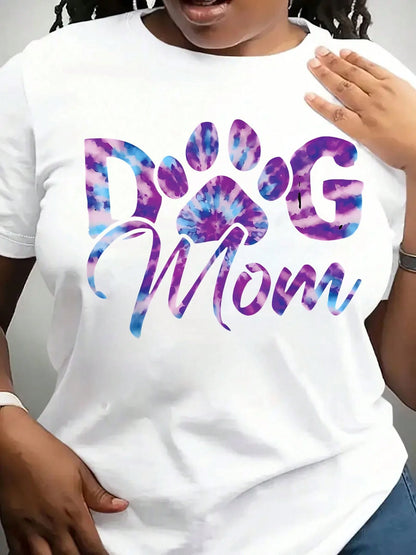 Plus Size Women's Summer Clothing Tie Dye Dog Mom Gifts Gifts For Dog Lovers Paw Print T-Shirt- 220g