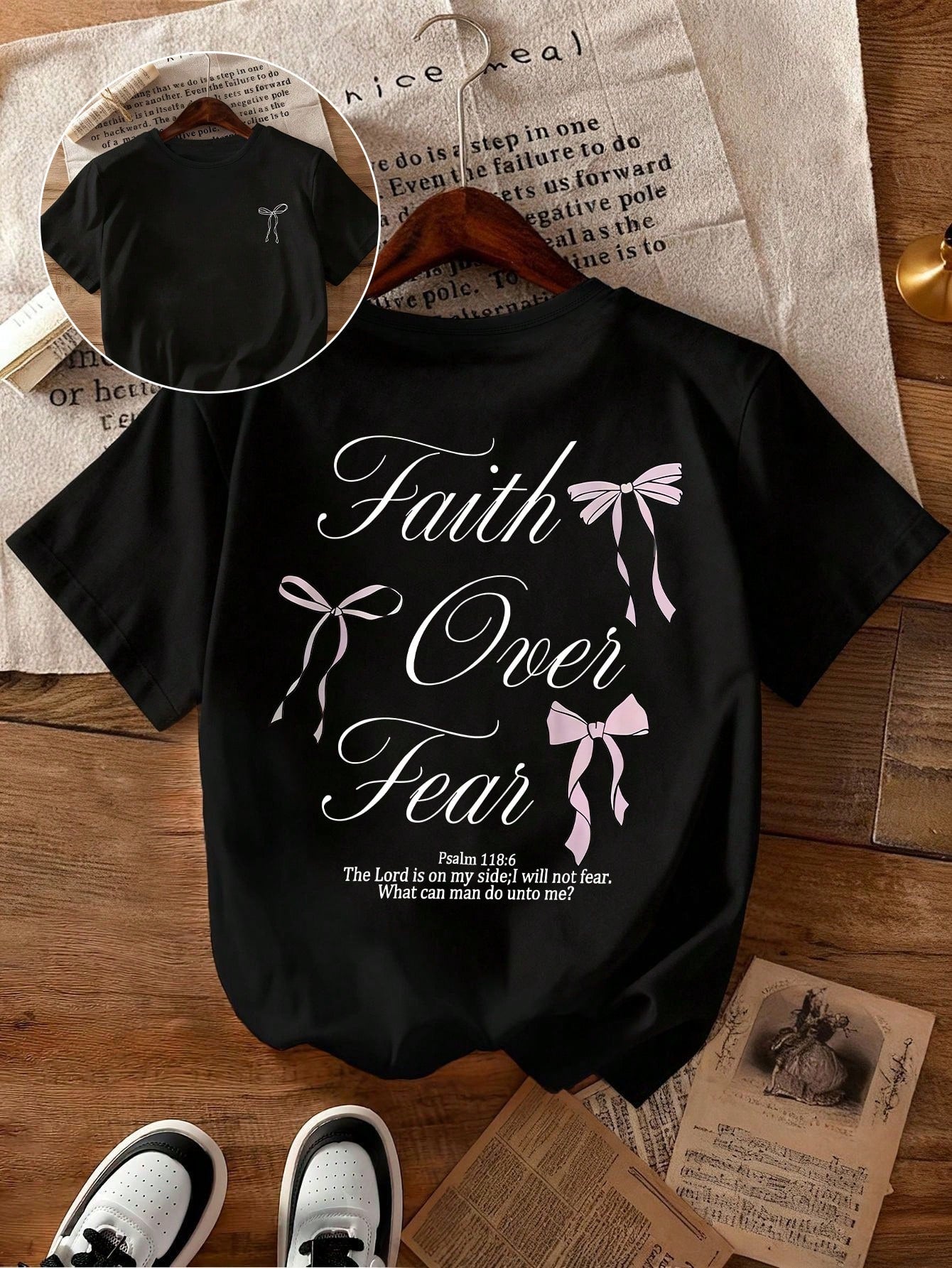 Plus Size Women's Summer Round Neck Loose T-Shirt, Bow Pattern, Beach Vacation Autumn Plus Size Clothing
