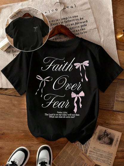 Plus Size Women's Summer Round Neck Loose T-Shirt, Bow Pattern, Beach Vacation Autumn Plus Size Clothing