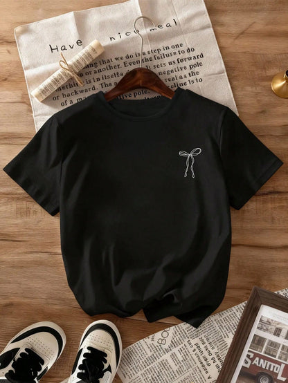 Plus Size Women's Summer Round Neck Loose T-Shirt, Bow Pattern, Beach Vacation Autumn Plus Size Clothing