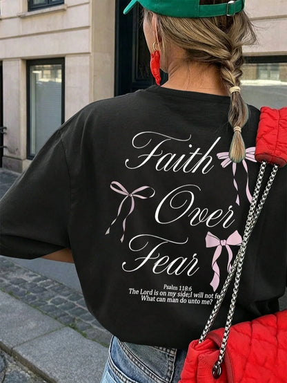 Plus Size Women's Summer Round Neck Loose T-Shirt, Bow Pattern, Beach Vacation Autumn Plus Size Clothing