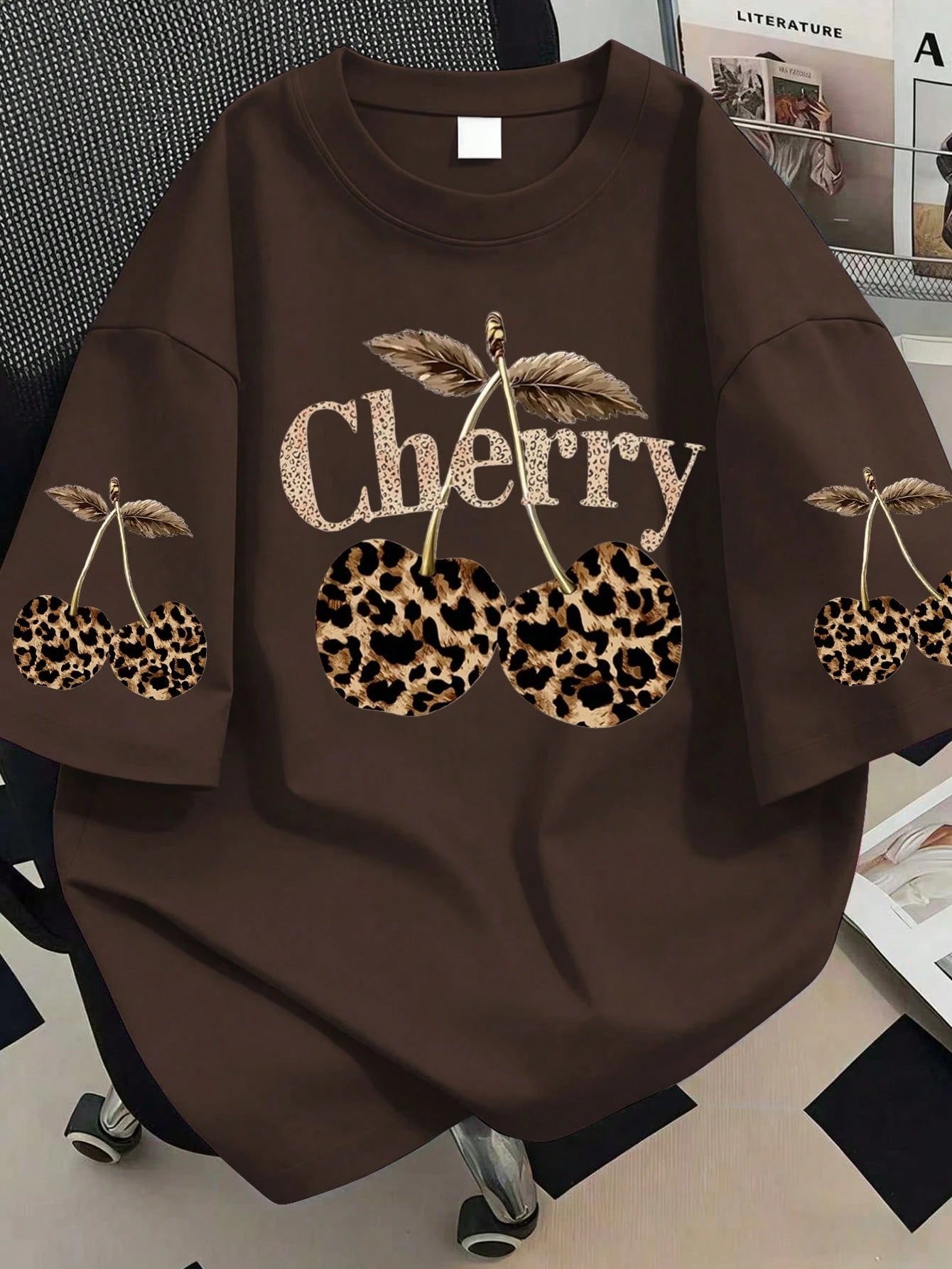 Plus Size Women's Summer T-Shirt, Leopard Print Cherry Pattern, Casual Short Sleeve. Suitable For New Year, Holidays, Daily Wear, Outings, Parties, Graduation, Summer Vacation, Beach, Resort, Spring