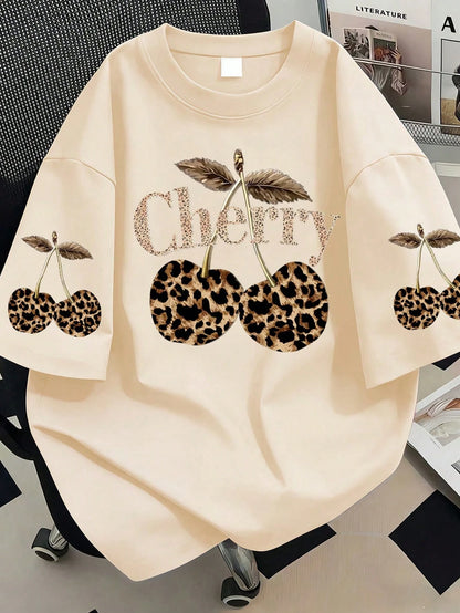 Plus Size Women's Summer T-Shirt, Leopard Print Cherry Pattern, Casual Short Sleeve. Suitable For New Year, Holidays, Daily Wear, Outings, Parties, Graduation, Summer Vacation, Beach, Resort, Spring