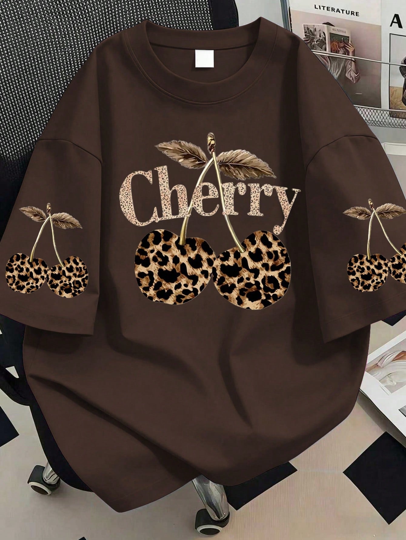 Plus Size Women's Summer T-Shirt, Leopard Print Cherry Pattern, Casual Short Sleeve. Suitable For New Year, Holidays, Daily Wear, Outings, Parties, Graduation, Summer Vacation, Beach, Resort, Spring